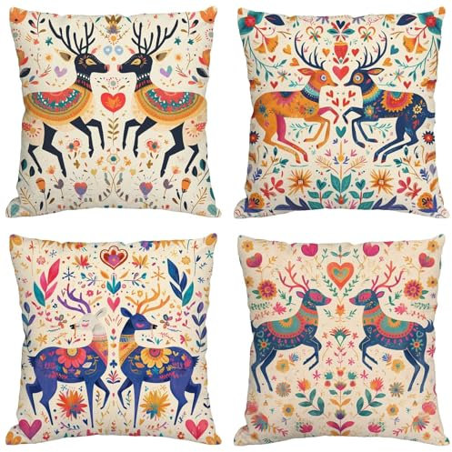 Kissen Abstrakt Kissenbezug 70x70 cm Groß Kissen 4er Set Wetterfest Leinen Kissenhüllen Tier Pillow Quadratische Cushion Covers für Garten Sofa Wohnzimmer Schlafzimmer Bett Büro Zuhause Dekor m-104
