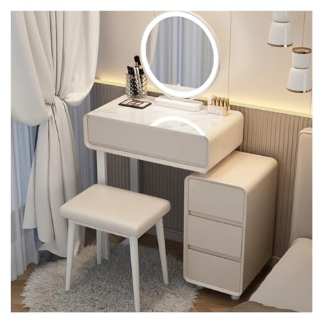 Tavolo Trucco Scrivania da trucco con specchio luminoso, 4 cassetti, tavolo da trucco moderno for ragazze e donne con armadietto, set da trucco for camera da letto, grigio/bianco Toilette con specchio