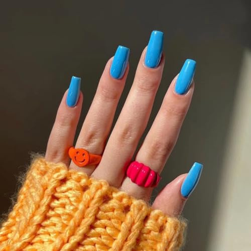 Light Blue Press on Nails - 24 Pcs Medium Square False Nails - Baby Blue Coffin Fake Nails with Glue - Solid Color Acrylic Nail Natural Fit Reusable Stick on Nail for Women Daily Wear DIY Nail Art