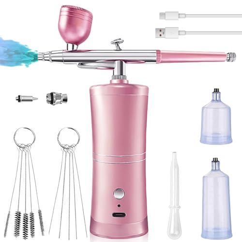 Airbrush set med kompressor, blockeringsfritt högtrycks-airbrush-set med munstycke, rengöringsborstset, multifunktionell handhållen airbrush pistol för nageldesign, make-up tatueringsmodellering (rosa