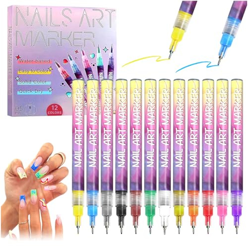 Audasi Set med 12 stycken nagelkonstpennor - 0,5 mm - Vattentäta - Snabbtorkande - Graffiti - Punktspridning - Ritverktyg - Konstverktyg för graffiti och punktspridning
