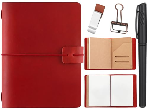 Thenshop Travelers Refillable Leather Journal Notebook Travel Diary Handmade Passport Travelers Journal for Men and Women with 3 Notebook Inserts, Pen Holder, Binder Clip(Wine Red,Passport Size)