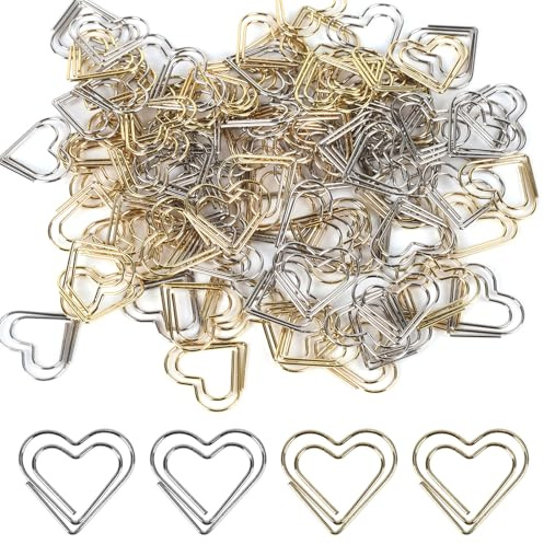 100 stycken pappersklämmor hjärta guld silver, metall pappersklämmor motiv, små pappersklämmor för mapp klämma klassrum kontor papper