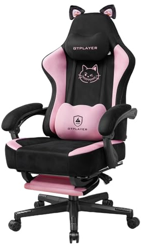 GTPLAYER Söt gamingstol med sammetstyg, gamingstol, ergonomisk kontorsstol, gamingstol med kattöron, minnesskum och fotstöd, 150 kg, rosa