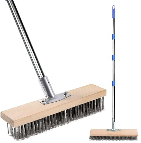 Balai Metallique, 40 x 6cm Balai Brosse Sol Métallique, Balais Brosse Sol, Brosses de Jardin Robuste Acier Inoxydable, Manche 1.6m Robuste, Convient pour Nettoyer Pavés Enlever Mousse