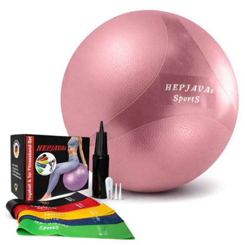 HEPJAVAs Sports Gymnastikball & 5er Fitnessband-Set – Anti-Burst Yoga Ball inkl. 5 Widerstandsbänder, Pumpe & Zubehör – für Gymnastik, Yoga, Pilates, Fitness & Büro (Verschiedene Größen & Farben)