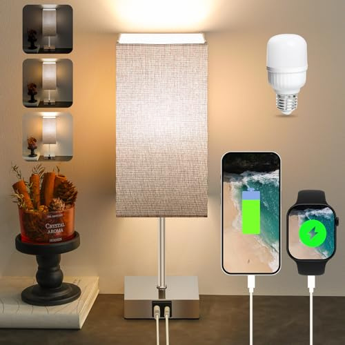 Aomeya Bedside Lamps, Touch Control Table Lamp with USB A+C Charging Ports, Lamps 3 Way Dimmable, for Bedroom Living Room Grey Fabric Shade(Bulb Inclu