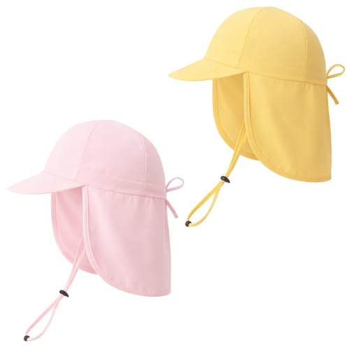 ViEinkaufen 2 Pcs Baby Toddler Sun Hat, Cotton Sun Protection Kids Hat, Girls & Boys Summer Cap with Adjustable Chin Strap Neck Flap, Beach Hats for Unisex Child