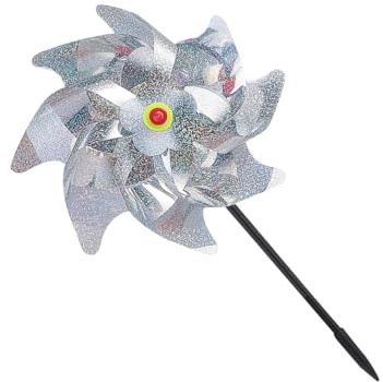 TOYZFRIENDY Lot de 5 Moulins à Vent Argentés Holographiques 8 Branches en Mylar Réfléchissant, Dispositif Anti-Oiseaux pour Jardin et Extérieur, Outil de Bannissement des Animaux du Vent