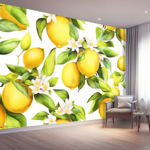 Generico Carta Da Parati In Tessuto Non Tessuto Bianco, Acquerello Limone Fiori Decorazione Per Camera Da Letto Soggiorno Ufficio Corridoio Dimensioni 200 x 140 cm（WxH