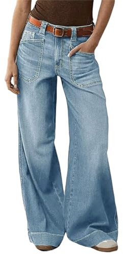 ticticlily Jeans Donna Vita Alta Larghi Pantaloni Gamba Larga Dritta Pantalone Denim Lavato A Blu L