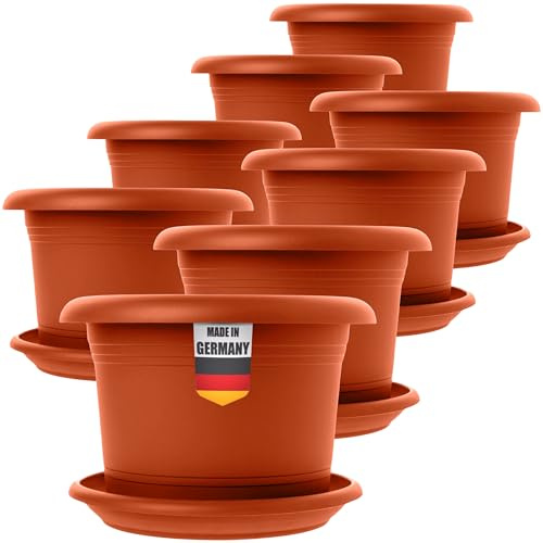 2friends 8er Set Blumenkübel groß außen 30cm - Pflanzkübel Terracotta mit Untersetzer - Frostsicher & UV-beständig - Pflanzgefäß aus recyceltem Premium PP-Kunststoff - Made in Germany - Stapelbar