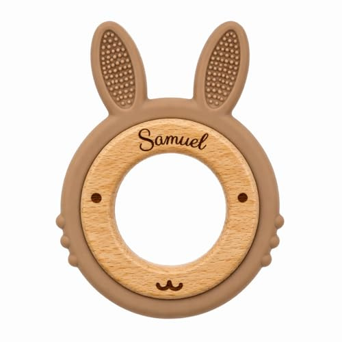Baby Greifling aus Holz & Silikon – Motorikspielzeug für Babys – BPA-frei – Greifspielzeug ab Geburt – Sensorikspielzeug für Neugeborene – Tierform Reh/Hase (Häschen)
