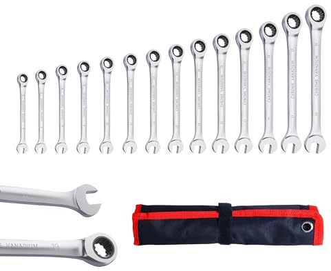 X-UP Ringratschenschlüssel Set 14-tlg, 6–22 mm, 72-Zahn Ratschenschlüssel aus Chrom-Vanadium-Stahl, matt verchromt, Ringseite 15° abgewinkelt, Maul-Ringschlüssel für Profis und Heimwerker