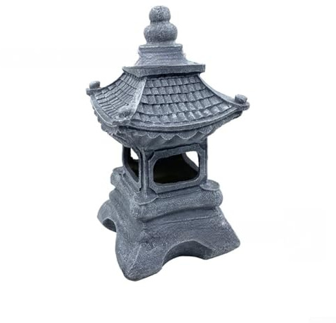 Solar Powered Japanese Zen Pagoda Garden Statue with Resin Stone Finish and Moss Detailing, Weather Resistant Outdoor Lantern for Landscape Décor