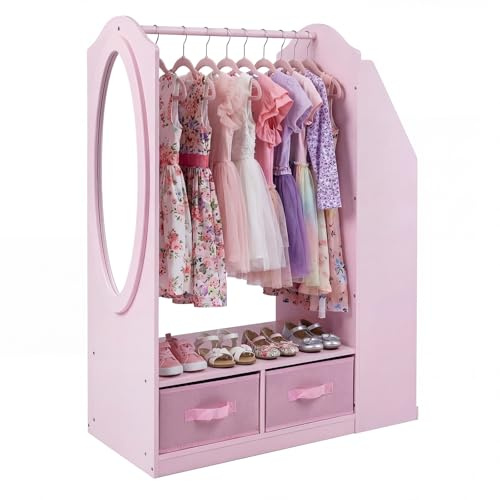 COSTWAY Kids Dress Up Storage, Open Children Wardrobe Closet Armoire Dresser with Full-Length Mirror, Hanging Rack, Bookshelf, 4 Fabric Bins, Wooden Costume Organizer for Kids Room Playroom (Pink)
