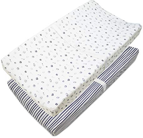 American Baby Company 2 Pack Printed 100% Cotton Knit Fitted Contoured Changing Table Pad Cover - Compatible with Mika Micky Bassinet, Gray Stripes and Sports, for Boys and Girls