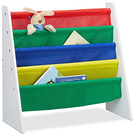 Relaxdays Bücherregal für Kinder, Aufbewahrungsregal, Spielzeugregal, aus MDF+Polyester, mit 4 Stofffächern, Mehrfarbig