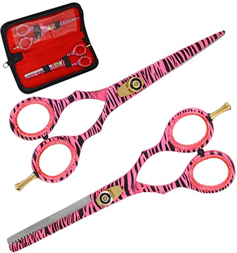 SS INSTRUMENTX Pink Zebra Professional Hairdressing Scissors & Thinning Shears Set – 6.0 Japanese Stainless Steel Barber Scissors for Salon and Home Hair Cutting