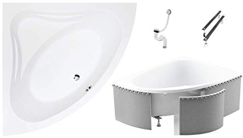 BADLAND Badewanne Original Weiß Acryl Wanne Eckbadewanne MIA 140x140 KOMPLETTSET SET mit Premium Styroporverkleidung + Füßen und Exklusive Chrom Automatik Ablaufgarnitur Made in EU 4in1