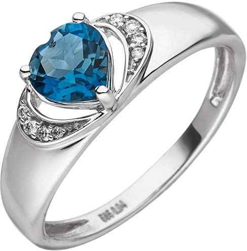 Jobo Damen-Ring aus 14 Karat 585 Weißgold mit Blautopas-Herz und 8 Diamanten Größe 58