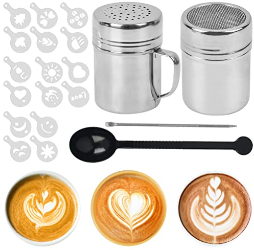 CENBEN Coffee Sprinkles Powder Set, Stainless Steel Mesh Icing Sugar Sprinkler, Chocolate Shaker Duster, Coffee Stencils & Pull Pin for DIY Cappuccino, Icing Sugar, Cocoa Flour & Latte