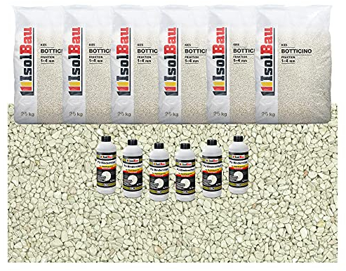 Isolbau Steinteppich SET Marmorkies 150kg + Bindemittel bis 15m² Botticino 1/4mm Epoxidharz, Terassenboden, Natursteinboden Marmorkies Bodenbelag, Steinboden Bodenbeschichtung, Marmorstein Innen Außen