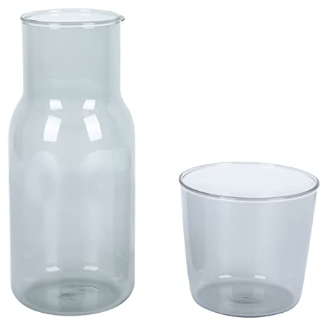 WINOMO Bedside Night Water Carafe Set Glass Pitcher Hot Cold Beverage Water Carafe Water Jug with Tumbler Glass for Bedroom Bathroom, Grey, L9S146532850D590C