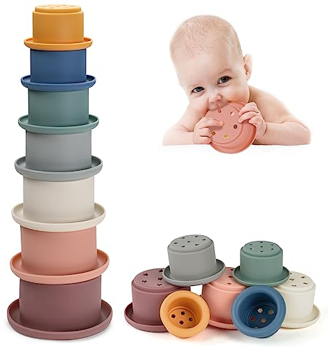 Vicloon Stapelbecher Spielzeug, Silikon Stapelbecher Baby Stapelturm mit 7 Bechern, Kinder Stapelturm Badespielzeug Sandspielzeug Becher, Silikon Spielzeug BPA-frei, für Baby Spielzeug 6 Monate