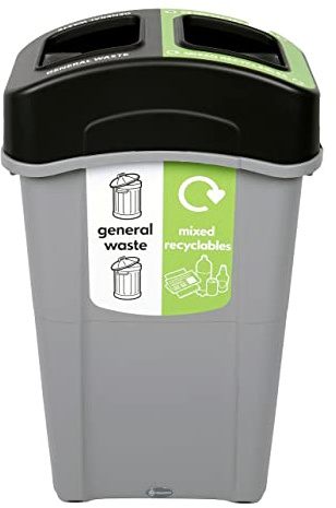 Glasdon Eco Nexus Duo 85L General Waste Mixed Recycling Bin 50/50 Split Lid | Indoor Recycling Container, 85 Litre Slim Office Recycling Bin, integral sack retention system, 5 year Manufacturer Warranty