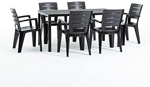 Conjunto jardín exterior mesa y sillas para 6 personas, mesa rectangular de acero con listones de polietileno efecto madera, 6 sillas apilables de resina - Thomas & Anita (Antracita)