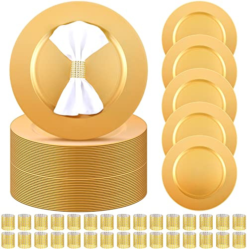 Tanlade 100 Pcs Charger Plates Set Bulk Include 50 Gold Plastic Plate Chargers and 50 Napkin Rings 13 Round Wedding Chargers for Dinner Plates Table Setting Wedding Party Baby Shower Event Decoration