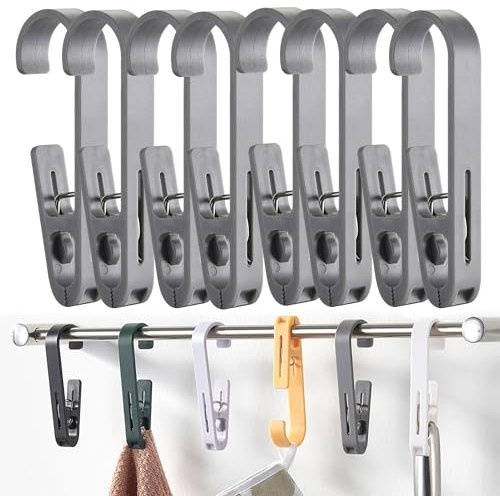 iBetterLife Clothes Pins Heavy Duty Outdoor - 8Pcs Large Laundry Hook Hangers with Clips Closet Organizer Clamps Hanging Socks Boot Bras Towels Shower Pegs for Bathroom Wardrobe Kitchen Office, Gray