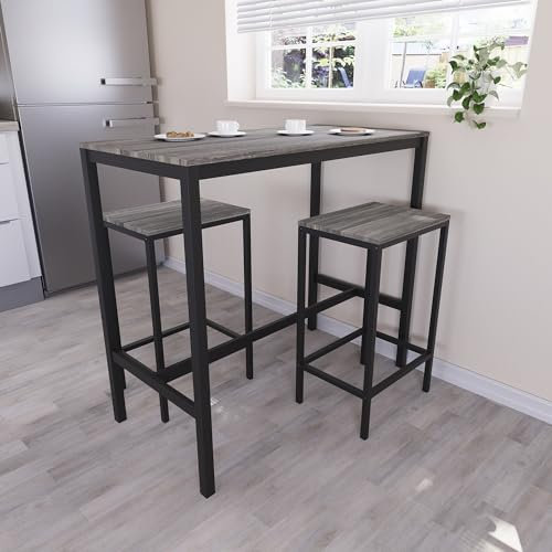 Vida Designs Roslyn 3-Piece Table Set with 2 Stools/Chairs, Compact Design for Dining, Kitchen, Breakfast Bar, Apartment, Balcony, Garden with Industrial Steel Frame, H90xW100xD50cm (Grey)