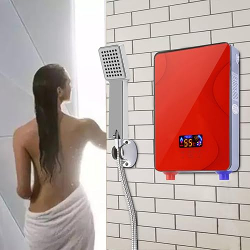 NaMaSyo Elektronischer Digital Durchlauferhitzer Tankless Gasdurchlauferhitzer 6.5KW 220V Reinkupfer-Wärmetauscher Warmwasser Thermostat für Camping Boot Wohnmobil (Rot)