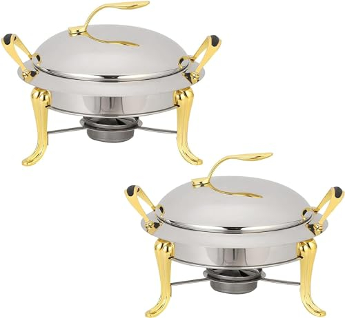 3L Fondue Set, Stainless Steel Round Buffet Server, Food Warmer with Pan, Lid and Fuel Rack for Catering Party Wedding Dinner (Color : Gold, Size : 2pack)
