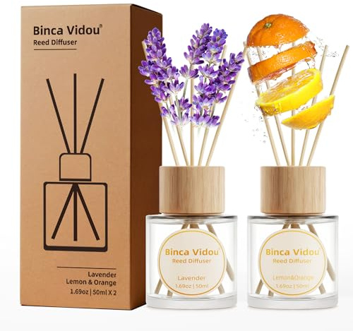 Binca Vidou Reed Diffuser Set of 2,Fragrance Reed Oil Diffuser Set with Rattan Reeds for Home Office Bathroom Living Room (Lavender, Lemon & Orange, 50ml x 2)