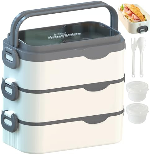 Bento Box Adult Lunch Box, Stackable 3 Layers Large Capacity Lunch Containers, Microwave and Dishwasher Safe Food Grade Containers with Utensils, Dividers and Sauce Boxes for Men, Women, Kids