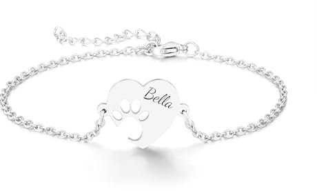 Y & Z Personalised Dog Paw Engrave Name Charm Bracelet in Silver, Rose gold, Gold. Customised Engrave Pet Name Hand Finished in the UK with Gift Box (Silver)