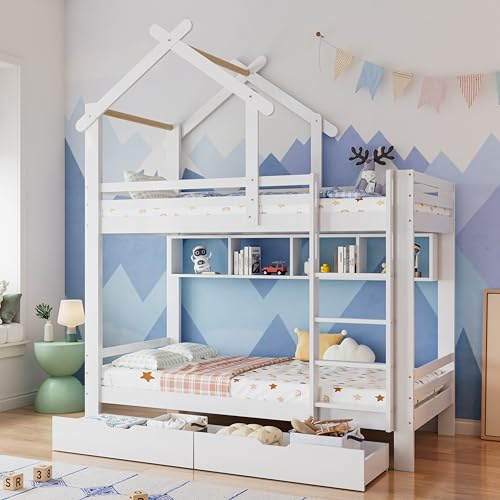 Gegtuon Etagenbett Kinderbett 90x200 für Kinder, Bett Hochbett mit Stauraum Schubladen & Rregal, Bettgestell mit Leiter & Dach, Hausbett mit Lattenrost aus Holz & Rausfallschutz, ohne Matratze, Weiß