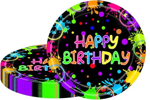 MORAINJAY 16 x neonfarbene Geburtstagspappteller für Kinder, 23 cm, Happy Birthday Partyteller, leuchtet im Dunkeln, leuchtende Partyzubehör