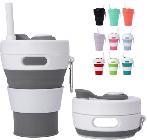 MORAINJAY Gobelet Pliable Silicone 450ml,Couvercle Étanche, Poignée Anti-Brûlure&Mousqueton - Plie à 6cm,Lavable Lave-Vaisselle - Randonnée,Camping,Sport(Gris)