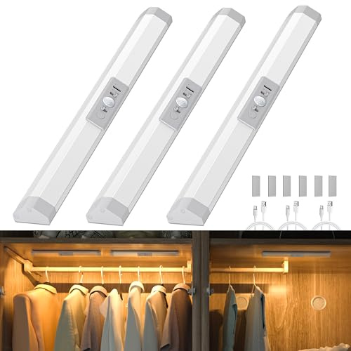WOBANE Luce Armadio LED con Sensore di Movimento, Luci Guardaroba Protezione degli Occhi, Lampada Ricaricabile Luce Notturna Dimmerabile per Scale,Corridoio, 3 Pezzi