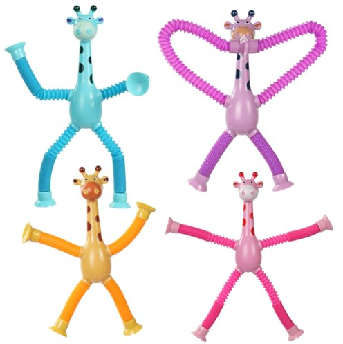 Ainiv 4 Stück Teleskop-Saugnapf-Giraffe-Spielzeug, Sensorisches Giraffen-Spielzeug, Telescopic Suction Cup Giraffe Toy, Lustiges Pädagogisches Stressabbau-Spielzeug für Kinder und Erwachsene