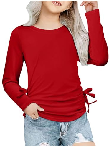 Mjjsk T-shirts d'été 2025 mignons à manches longues unis t-shirts basiques pour enfants, t-shirt respirant et léger, décontracté, doux, tendance pour l'automne, Rouge, 13-14 ans