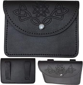 Svart kilt bältespåse med keltisk präglad 100 % äkta läder sporran/påse keltisk design knapphölje baksida två öglor för Kilt-bälte enkel montering