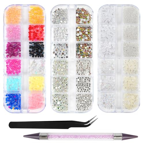 AUYAO 4200 Strass per Decorazioni Unghie, 5PZ Kit Brillantini per Nail Art con Pinzetta e Penna Applicatrice, Cristalli Diamantati Resistenti per Manicure, DIY, Trucco(1-5mm, Multicolore)