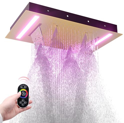 HOMEDEC 14x20 Luxury LED Shower Head with Lights, 3 Functions Rainfall Waterfall Mist, High-Pressure Ceiling Mount Showerhead, Brushed Gold