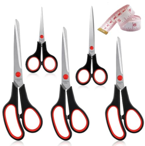 Qcdou 5 Pack Scissors Set, Multipurpose Kitchen Scissors with Sharp Blades | Heavy Duty Stainless Steel Paper Scissors, Comfort Grip Handle, for Craft Home Kitchen Offices Schools, 5 Size(Red/Black)
