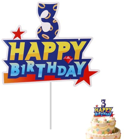 Happy Birthday Cake Topper, Blue Golden Creative Gamer Cake Topper Cartoon Themed Birthday Party Decoration for Kids Boys Girls (Number 3)